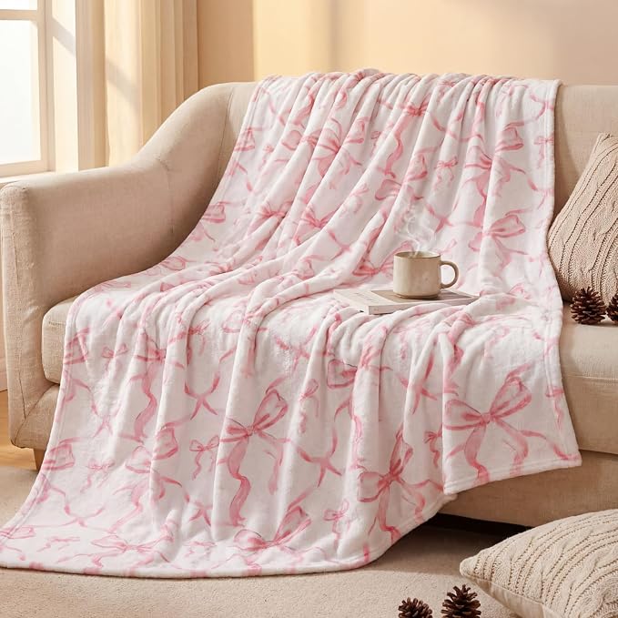 Pink Bow Throw Blanket 50"x60" Soft Flannel for Girls Women | Coquette Aesthetic Decor with Ruffled Edges, Ultra Plush Bed Sofa Blanket, Preppy Gift for Teens, Back to School Dorm Room