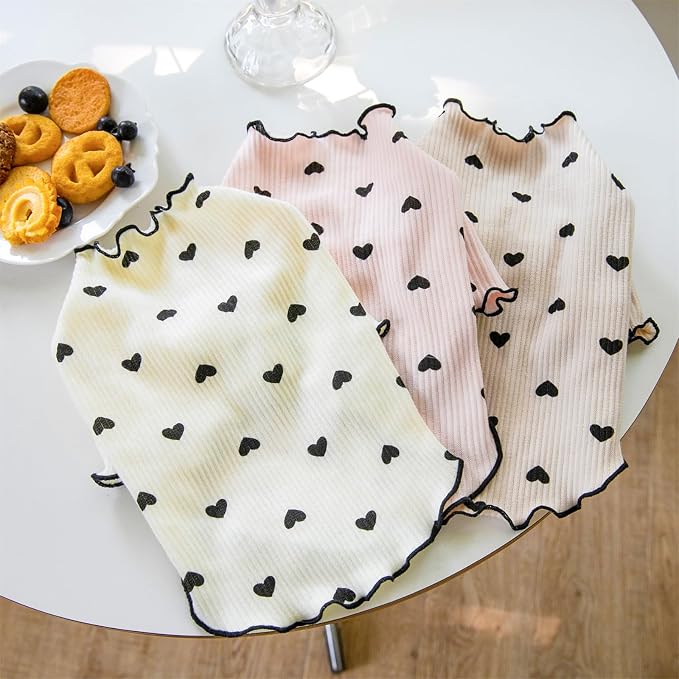 Pet Clothes for Small Dogs Cat Summer Fall Heart Print Shirt Stretchable Ruffle Long Sleeve Outfits for Chihuahua Schnauzer Shih Tzu Yorkie (Pink, Small)