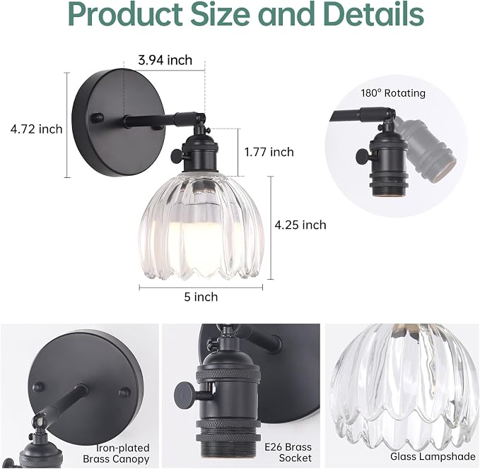 Shenmoyl Vintage Battery Operated Wall Sconce with Transparent Tulip Glass Lampshade Rechargeable Battery Powered Black Wall Light with Remote Control for Bedside Bedroom Doorway, Set of 2