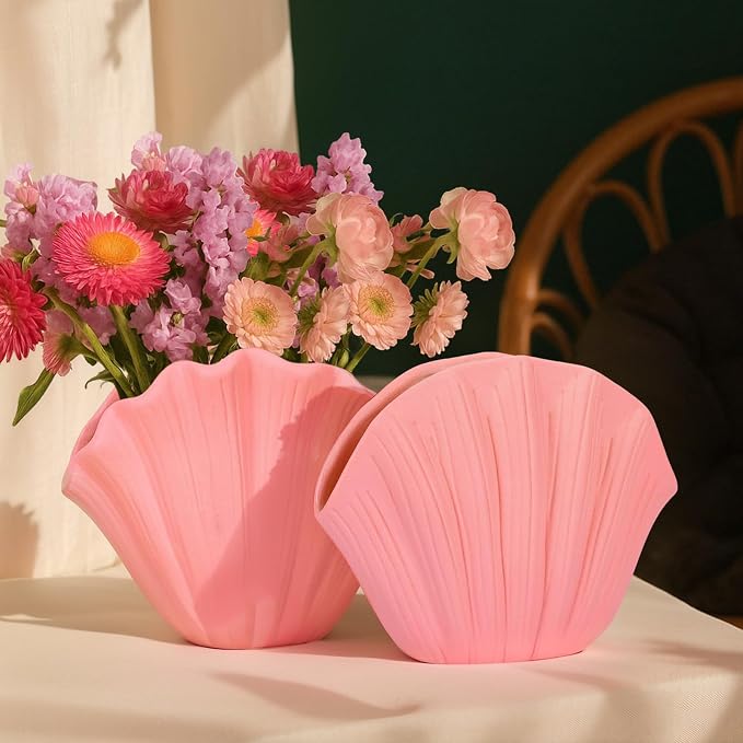 Shell-Shaped Vase for Living Room Decor, Ceramic Vases for Modern Home Decor, Unique Vase for Farmhouse Decor, Aesthetic Room Decor, Nordic Decor, Shelf Decor, Centerpiece Table Decor (Pink)