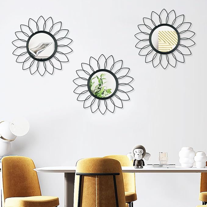 3 Pack Metal Mirrors for Wall Sunburst Wall Mirrors Home Décor Decorative Hanging Wall Art for Living Room Bedroom Entryway (Black, Flowers)