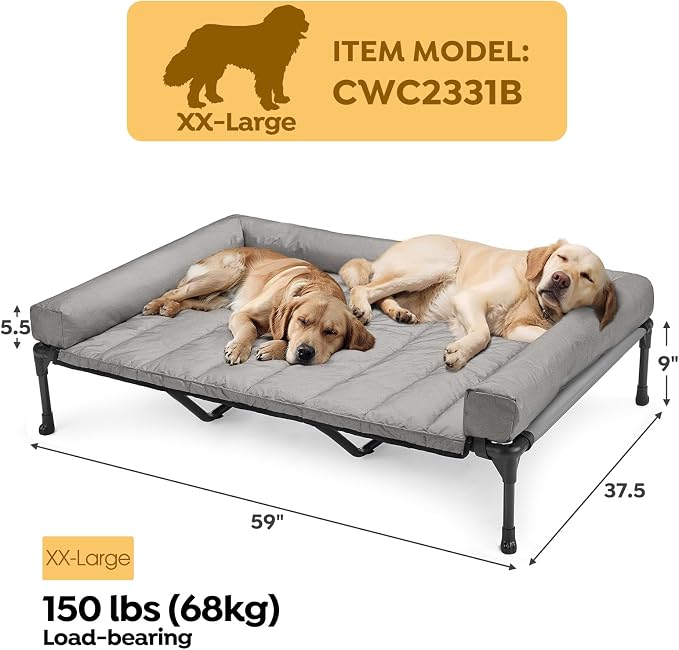 Veehoo Outdoor Elevated Dog Bed with Waterproof Bolster Cushion, Cooling | Raised Dog Bed with Removable & Washable Mat Topper, Breathable Mesh, Dog Couch Cot for Indoor Outdoor, 59", Large, Grey