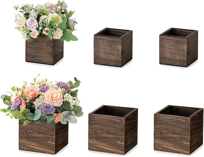 NUPTIO Small Wooden Box for Centerpiece, Brown, Square, 4"/5", 6 Pcs | Farmhouse Wood Vases Planter, for Fall Decor, Windowsill, Home, Garden
