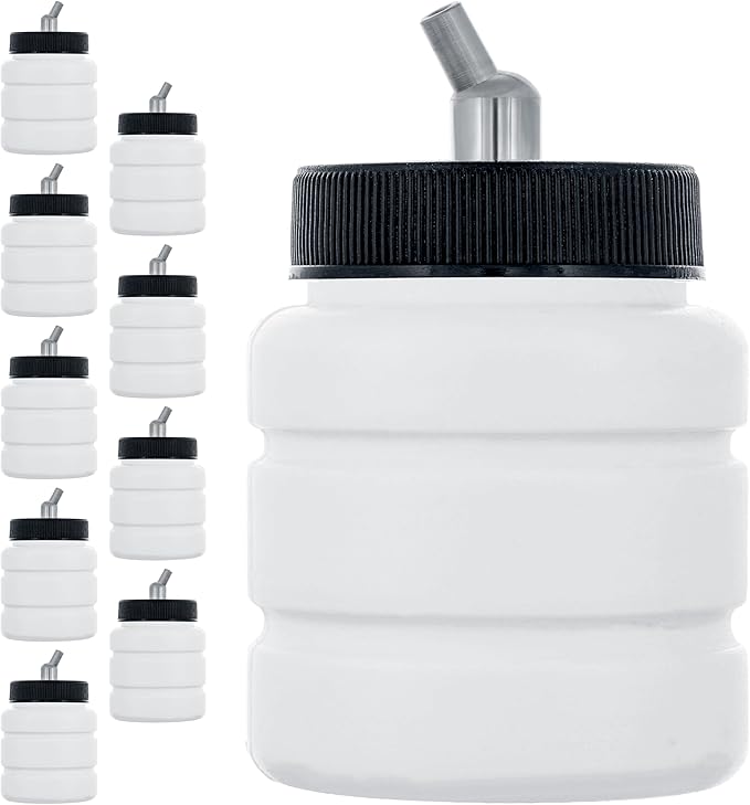 Master Airbrush (Pack of 10) TB-006 Empty 2.7-Ounce (80cc) Plastic Jar Bottles with 30° Down Angle Adaptor Lid Assembly - Fits Dual-Action Siphon Feed Airbrushes, Use with Master, Badger Paasche Iwata