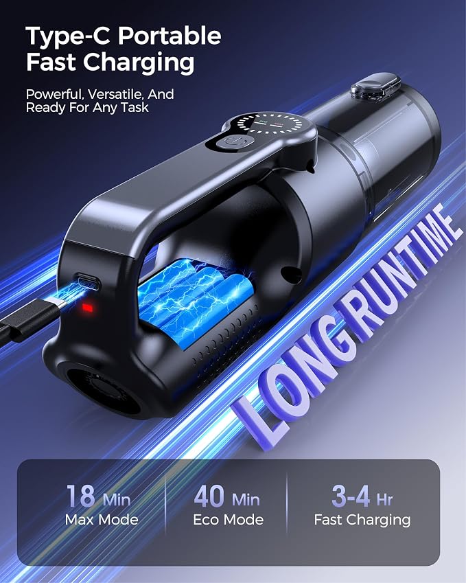 Cordless Handheld Vacuum Cleaner, 2-in-1 Vacuum & Blower, 36000Pa Suction Brushless Motor, Car Vacuum with LED Light, Lightweight, Portable for Car, Home, Office and Outdoor Use, Black