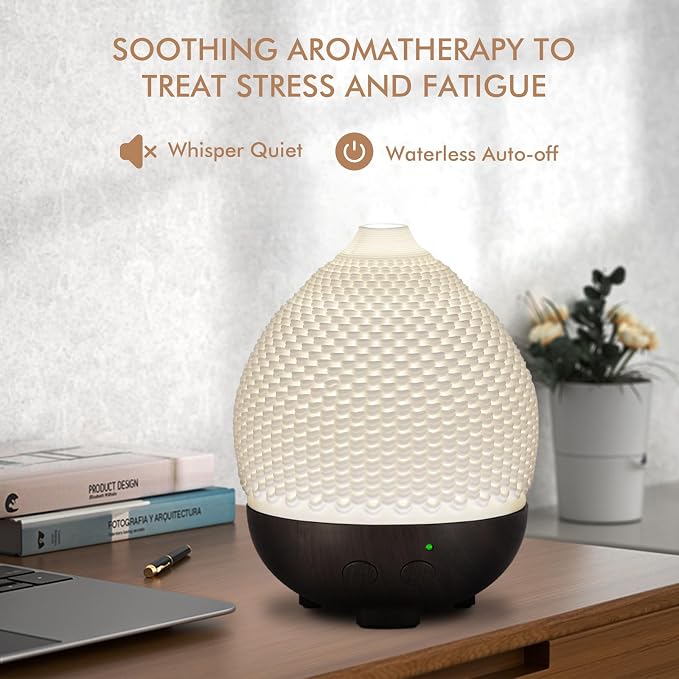 Essential Oils Diffuser Ceramic 250ml - Ultrasonic Aromatherapy Diffuser 3D Printing Dome, Cool Mist Air Freshener with 2 Mist Modes 7 Colors LED Lights, Auto Shut-Off Protection for Home Office Decor