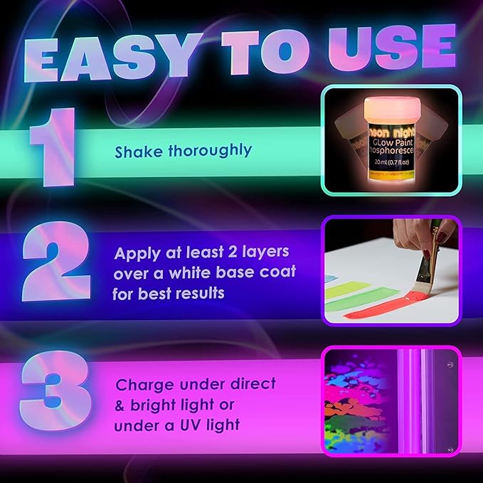 neon nights Glow in The Dark | Luminescent | Phosphorescent | Self-Luminous Paint - Set of 8