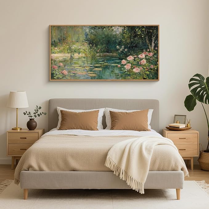 FWIEXA Monet Floral Framed Canvas Wall Art Set, Impressionist Botanical Garden Wall Decor, Vintage Ponds Tree Plant Artwork, Nature Landscape Prints, 20x40 Inches Pictures for for Living Room, Bedroom