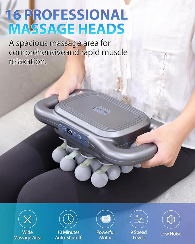 16-Head Massage Gun, Deep Tissue Percussion Massager with 9 Modes & 9 Intensities, 2600mAh Battery 4H Runtime, Ultra-Quiet 30-40dB, for Muscle Pain Relief in Back, Legs, Shoulders
