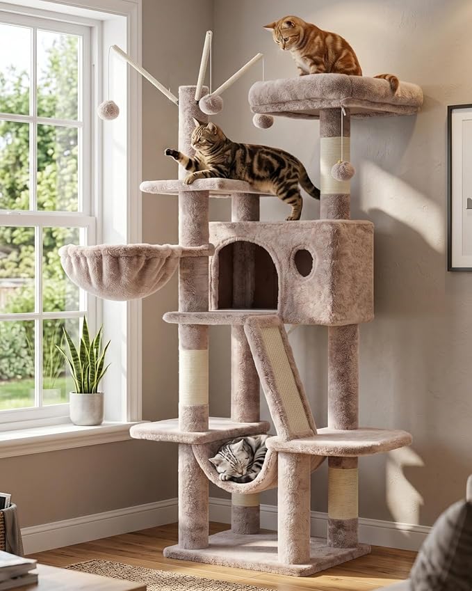 Hey-brother Cat Tree Tower with Padded Platform Bed, Hammock, MPJ019-SMU | 53 Inches Cat House with Large Cozy Condo, Toy Balls and Sisal Scratching Posts for Indoor Multi-Cats, Muchroom