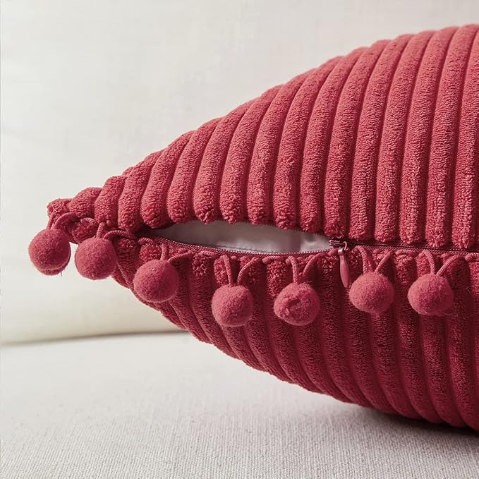 Fancy Homi 2 Packs Burgundy Decorative Throw Pillow Covers 20x20 Inch with Pom poms, Christmas Home Decor, Soft Corduroy Accent Square Cushion Case for Living Room Couch Bed Sofa 50x50 cm