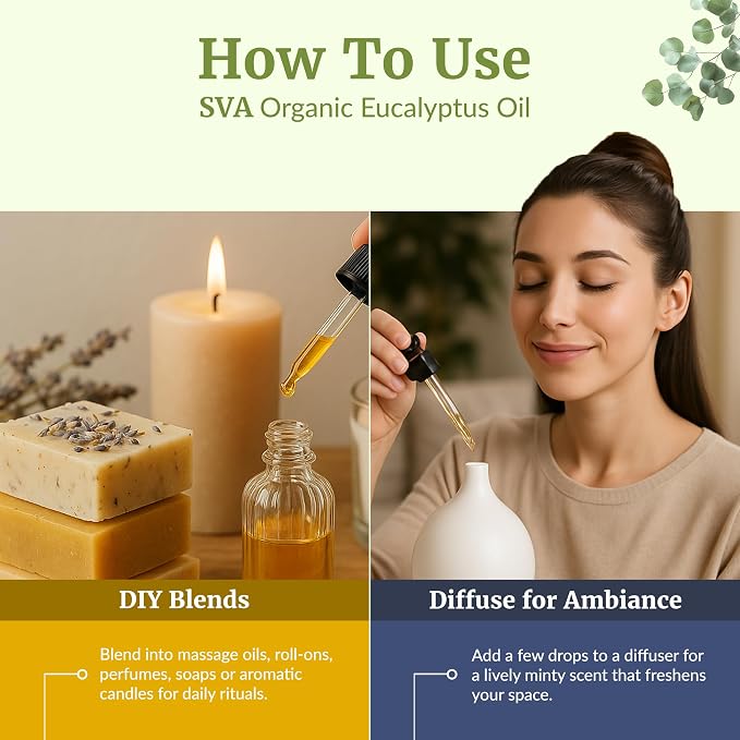 SVA Organic Eucalyptus Essential Oil with Dropper, 4 Fl Oz (118 mL) | Organic Eucalyptus Oil for Diffuser, Humidifier, Spa, Sauna, Hair, Skin, Massage, Soap Making, Candle Making & DIY Projects
