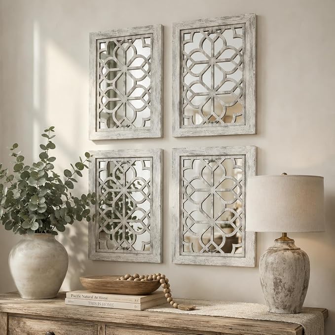 Set of 4 11x15 Inch Rectangular Shatterproof Grey Decorative Wall Mirrors, Boho Farmhouse Rustic Vintage Accent Mirrors for Living Room Bedroom Entryway & Home Decor