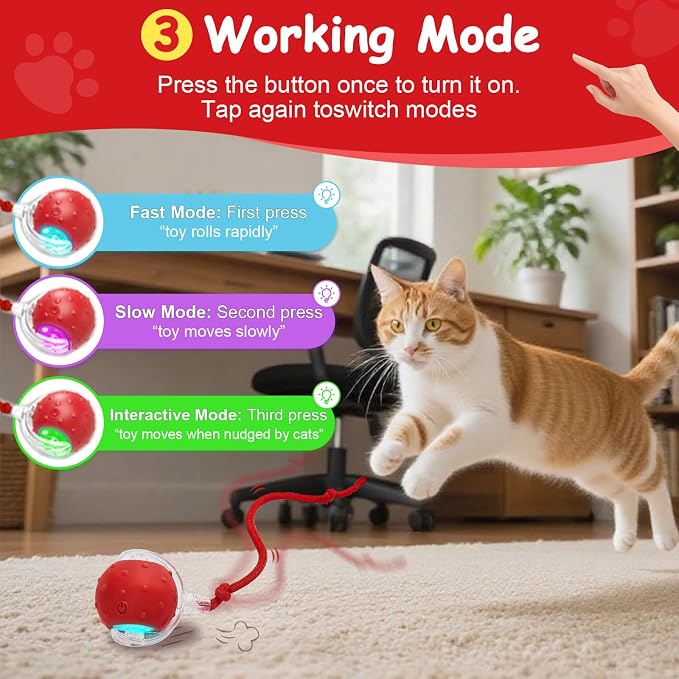 Interactive Cat Toys Smart Ball for Cats & Dogs! Now with 2 Rapid Tails. Features: 360°Auto-Rolling, Motion Activation& Bird Sounds. Perfect for Indoor Pet Exercise & Fun. (Yellow＆Orange)