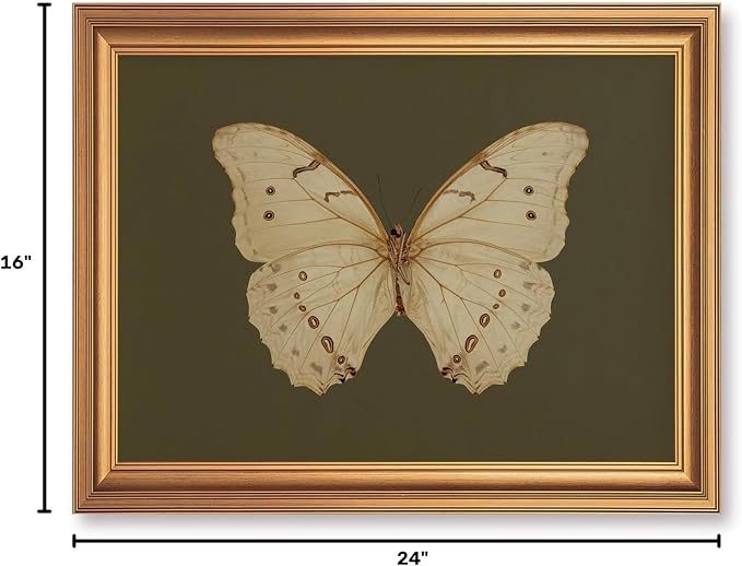 JLTULT Gold Framed Butterfly Wall Art, Dark Green Canvas, 16 x 24 Inches | Ivory butterfly art on fade-resistant dark green canvas with a ready-to-hang gold-tone PS frame for bedrooms and offices