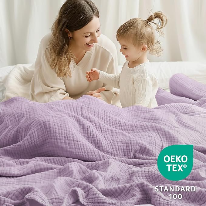100% Cotton Muslin Blanket Twin XL 66" x 90", Breathable and Cooling Bed Blankets, Soft Boho Coverlet Bedspread, Gauze Bedding for Adults All Season, Purple, Lavender
