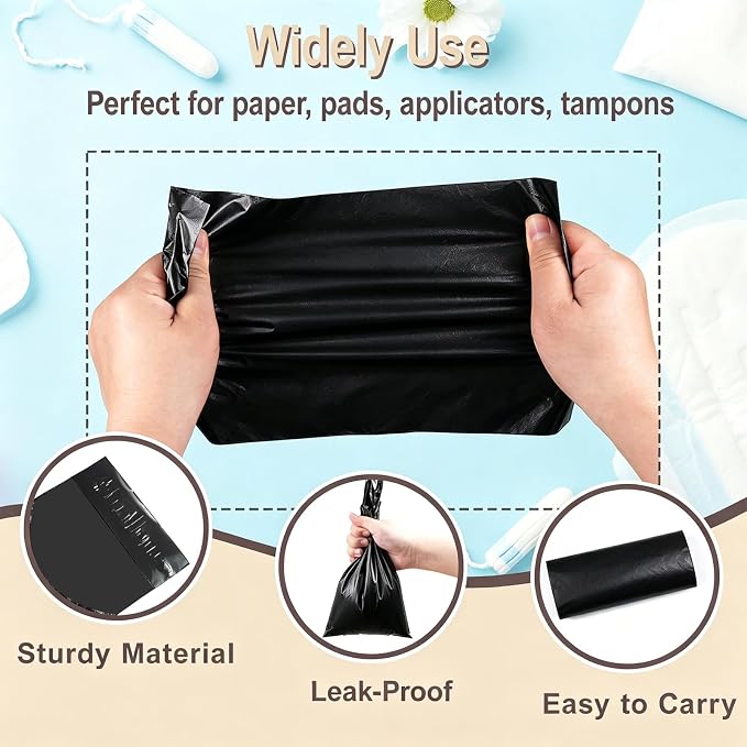 100 PCS Sanitary Napkin Disposal Bags, Feminine Hygiene Disposal Bags for Tampons and Pads, Block Odors, Self-Sealing Seals, 10.6 * 5.9 Inch (Black)