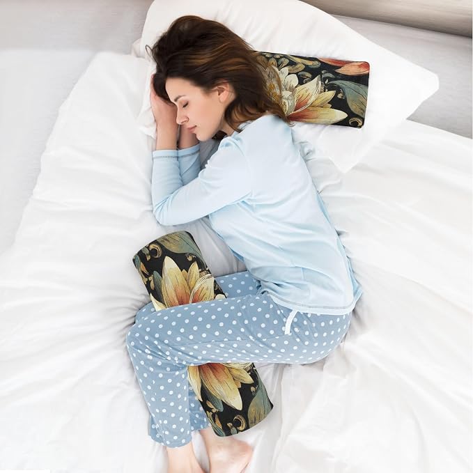 Boho Water Lily Flower Black Neck Roll Pillow Bolster Round Health Memory Foam Long Cervical Cylinder Pillows with Removable Washable Cover for Body Bed Legs Back Yoga