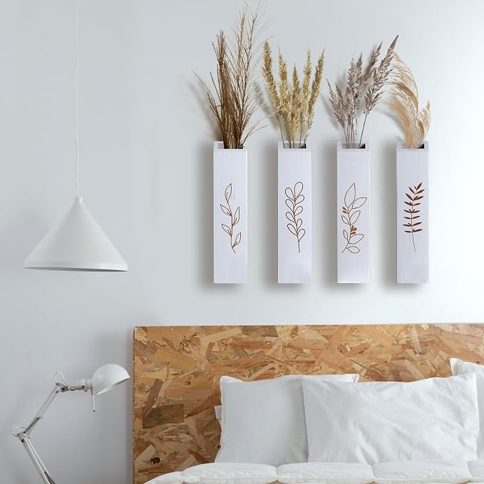 Wooden Wall Vase Planter Set of 4 | White Finish Farmhouse & Boho Wall Decor for Entryway, Hallway, Bathroom, Living Room, Dining Room