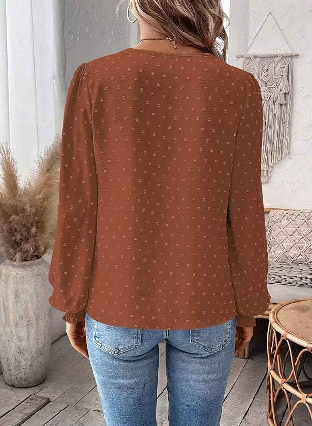 Womens Tops Swiss Dot Boho Long Sleeve Shirts V Neck Casual Chiffon Blouses Flowy Lace Hem Cute Clothing Trendy 2026