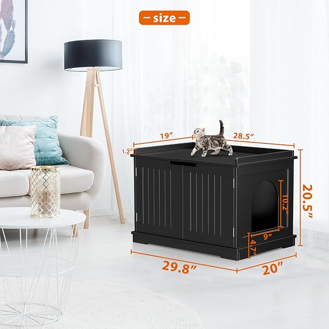 Cat Litter Box Enclosure Furniture Hidden Wooden Washroom Litter Box Cabinet, Indoor Cat House with Removable Divider, as Table Nightstand Storage Bench (Black)