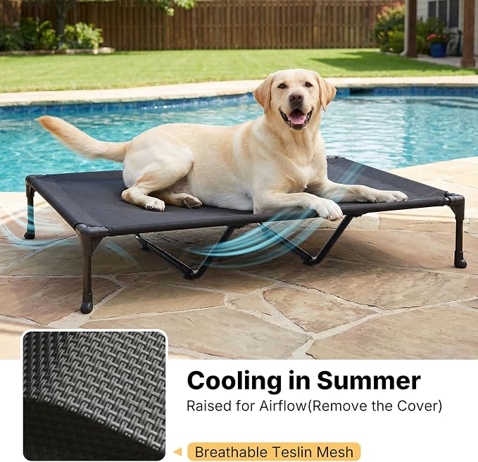 Veehoo Outdoor Elevated Dog Bed with Waterproof Bolster Cushion, Cooling | Raised Dog Bed with Removable & Washable Mat Topper, Breathable Mesh, Dog Couch Cot for Indoor Outdoor, 59", Large, Black
