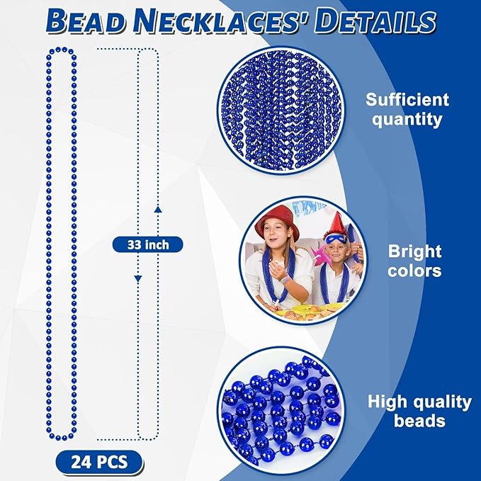 24PCS Christmas Bead Necklace, Blue Bead Necklaces Stuff, 33" Mardi Gras Beads Necklace Costume, Festival Parade Throw Accessories for Wedding Birthday Gender Reveal Party Events Supplies Decorations