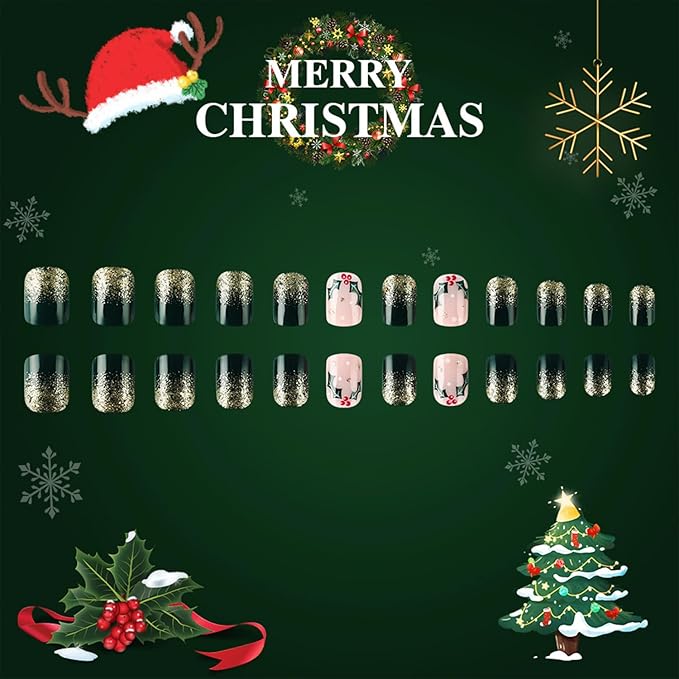 Gold Glitter Green Christmas Press on Nails Short Square Xmas False Nails Glossy Winter Christmas Glue on Nails Full Cover Acrylic Fake Nails for Women Girls