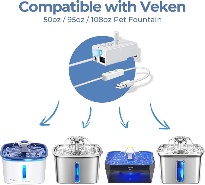 Veken Replacement Pump for 50oz, 95oz and 108oz Pet Fountain | Cat Water Fountain Dog Water Dispenser Ultra Quiet Long Lifespan Water Pump with USB Cable and LED Lights