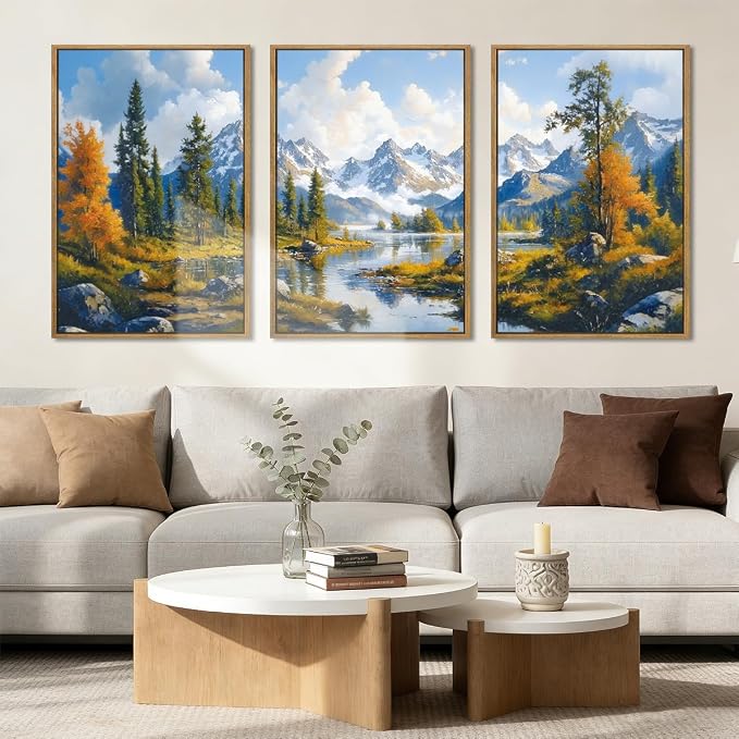 BINCUE Framed Mountain Landscape Wall Art Nature Forest Wall Decor Tree and River Art Print for Living Room Bedroom Office 16x24 Inches Set of 3