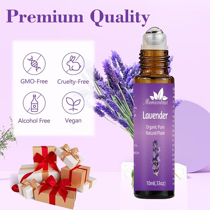 Lavender Roll-On Essential Oil, Pre-Diluted, Portable Aromatherapy, 0.33Oz | Mumianhua Floral-Herbal Rollerball. Ready-to-Use. Calming Scent for Pillow, Pulse Points, Skin & On-the-Go Relaxation