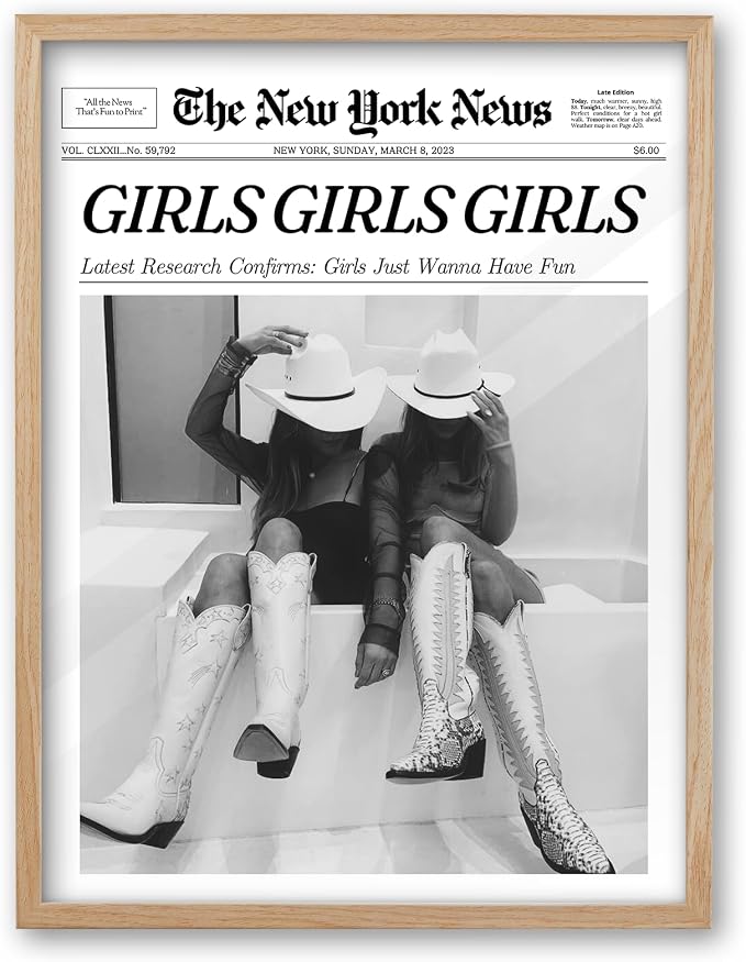 iHery 8x10in Girls Just Wanna Have Fun Framed Newspaper Wall Art | Natural OAK Wood Frame with Canvas Print, Western Cowgirl Decor for Bedroom, Dorm, Living Room and Bar Cart, 1Pack