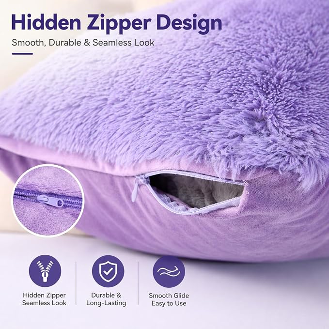 REAFORT Long Hair Faux Fur Body Pillow Cover 21"x54", Hidden Zipper (Lilac) | Ultra-soft long hair faux fur with a hidden zipper offers luxurious comfort and is machine washable for easy care.