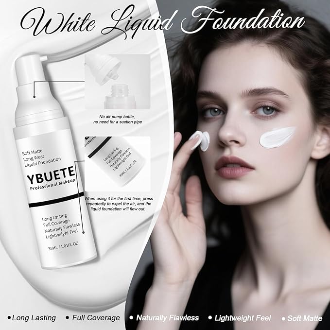 White Liquid Foundation for Halloween Goth Makeup,Professional Waterproof Full Coverage White Foundation for SFX Skeleton Ghost Zombie Clown Cosplay Makeup Face Paint for Adult Halloween Party