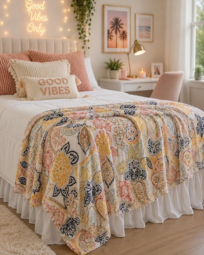 Bohemian Floral Fleece Throw Blanket: Velvety Soft, Durable Paisley Boho Accent for Bed or Couch (Yellow Paisley, 50 x 70 inches)