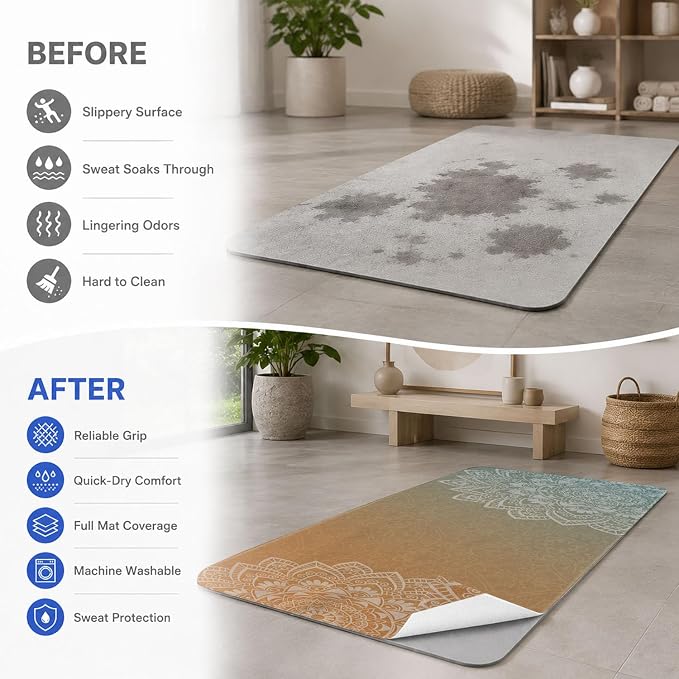 Yoga Mat Towel, Hot Yoga Non Slip with 4 Corner Pockets, 70 x 26 in | Soft Absorbent Microfiber With Four Corner Pockets, Fits Over Yoga Mats For Hot Yoga, Pilates, Gym, And Travel