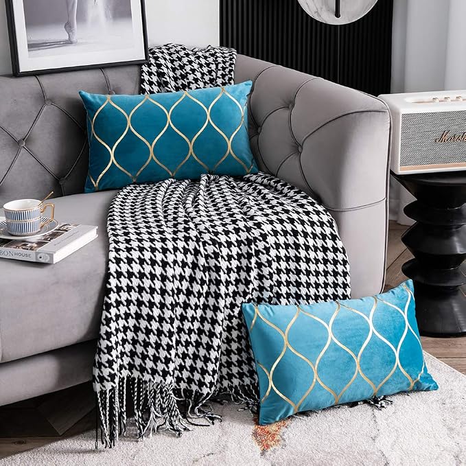 12x20 Inch Gold Velvet Throw Pillow Covers: 2 Pack Rectangular Decorative Pillow Cases for Bedroom Sofa Couch Living Room, Turquoise