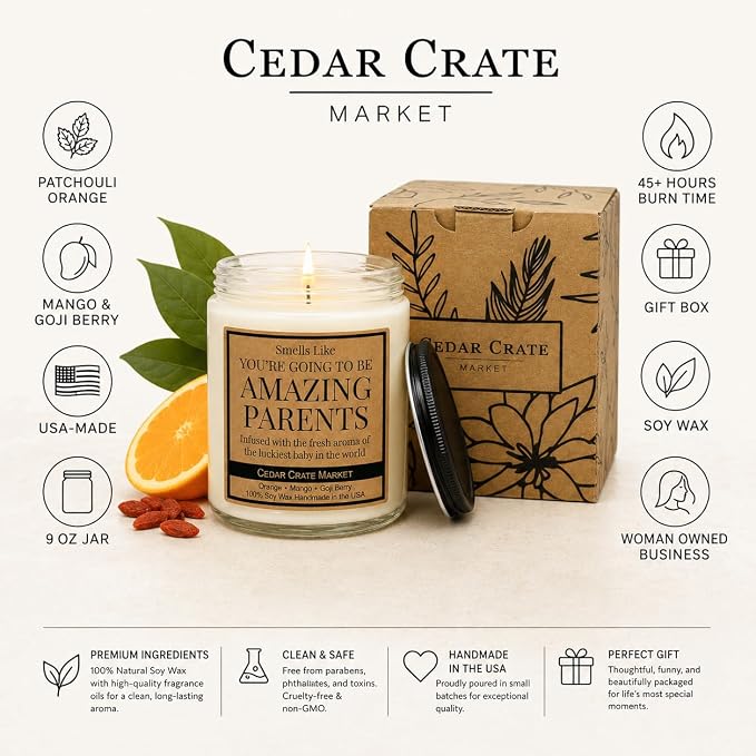 Cedar Crate Market - Thoughtful New Parents Gifts for Couples,Best Gifts for Expectant Parents, First Time Mom and Dad, Gender Reveal Candle and Baby Congratulations - 100% Soy Wax, Made in USA