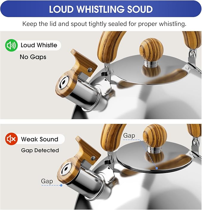 4.2 Quart Tea Kettle Stovetop Whistling for Stove Top, Handle Silver | Food Grade Stainless Steel Tea Kettles with Cool Wood Pattern Handle, Induction Compatible
