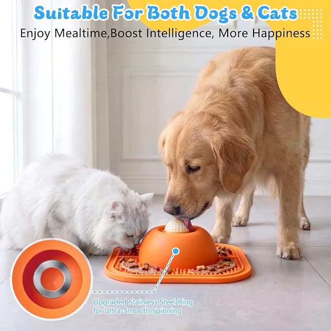 Slow Feeder Dog Bowls & Lick Mat for Liquid and Thick Treat, Anti-Slip Dog Lick Bowl with Interactive Rolling Ball, 5/6 Cup Pup Licking Toy for Large Medium Small Dogs and Cats-Large Orange