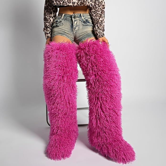 SWEETHEART BEAUTY Thigh High Shagy Teddy Fur Boots, 29 Inch Over the Knee Length Fluffy High Boots, Tall Furry Shoes For Women