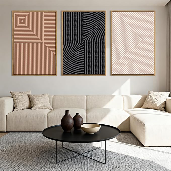 ANHUIB Neutral Abstract Modern Canvas Wall Art Set of 3 Framed Black and White Beige Wall Decor Boho Minimalist Artwork for Walls Geometric Line Painting for Living Room Bedroom Office 16x24 Inch