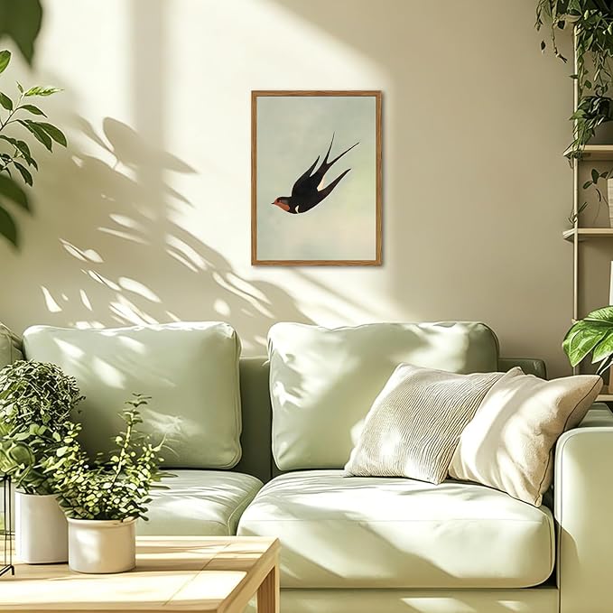 Framed Vintage Bird Wall Art, Sage Green Flying Swallow Pictures Wall Decor, Minimalist Japandi Nature Paintings Canvas Prints Modern Home Decor for Living Room Bedroom Bathroom Office 12x16 Inch