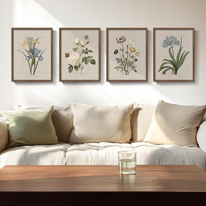 Framed Vintage Floral Botanical Wall Art for Living Room, 4 Piece 12x16 In | Modern farmhouse wall decor, Flower pictures, Rustic retro paintings, Ready to hang canvas prints, Kitchen bedroom home decor