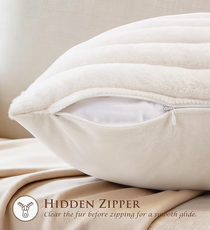 Pack of 2 Throw Pillow Covers 20x12 Decorative Solid Plush Faux Fur with Soft Velvet Back, Square Striped Cushion Cases Modern Farmhouse Home Decor for Living Room Couch Sofa Bed Cream White