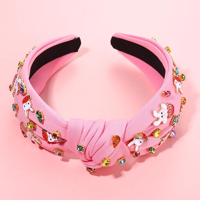 mokkia Easter Headbands Beaded Rabbit Bunny Headband for Women Pink Spring Knotted Headband Easter Hair Accessories Gifts
