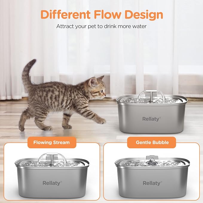 Cat Water Fountain Stainless Steel: Rellaty 3.2L/108oz Pet Water Fountain | Dog Drinking Fountains Cat Feeding & Watering Supplies Animal Metal Kitty Spout for Cats Inside with 4 Replacement Filters