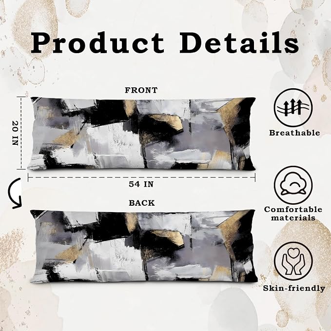 Abstract Modern Neutral Gold 20x54 Body Pillow Cover, Modern Home Room Decor, Neutral Home Decor, Contemporary Black and Gold Long Body Pillow Pillowcase for Couch Bed