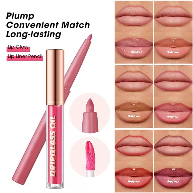 Brown Lip Liner Lip Gloss Set, Waterproof Lip Kit with Lip Oil Lip Liner Pencil, Hydrating Long-Lasting Lipgloss Lip Pencil, High Pigment Non-Sticky lip liner Stain Lipliner (06# Brown)