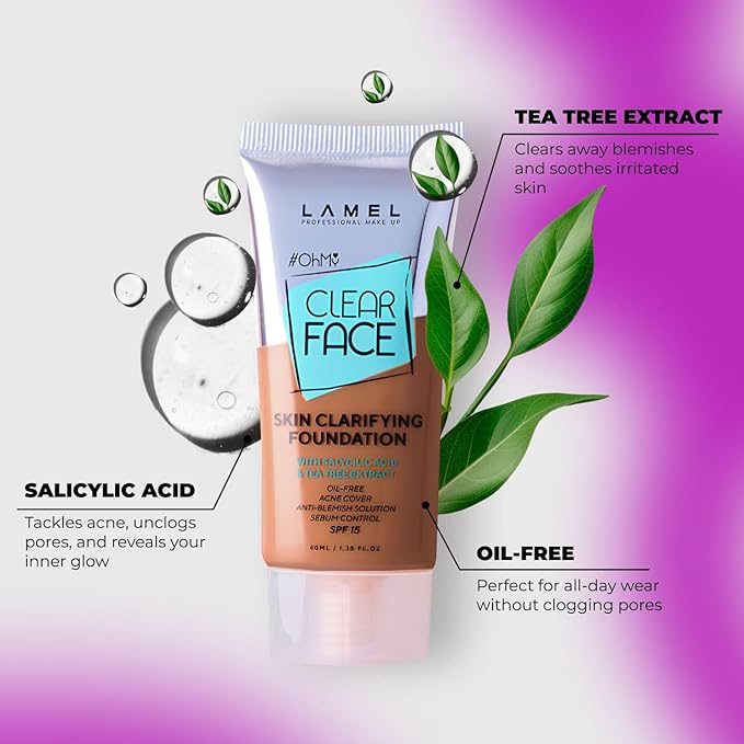LAMEL Oh My Clear Face Full Coverage Foundation for Oily & Acne Prone Skin, Salicylic Acid & Tea Tree Extract, Anti-Blemish Sensitive Skin Care, Organic & Oil-Free, 410 Medium Dark, 40 ml 1.35 fl.oz